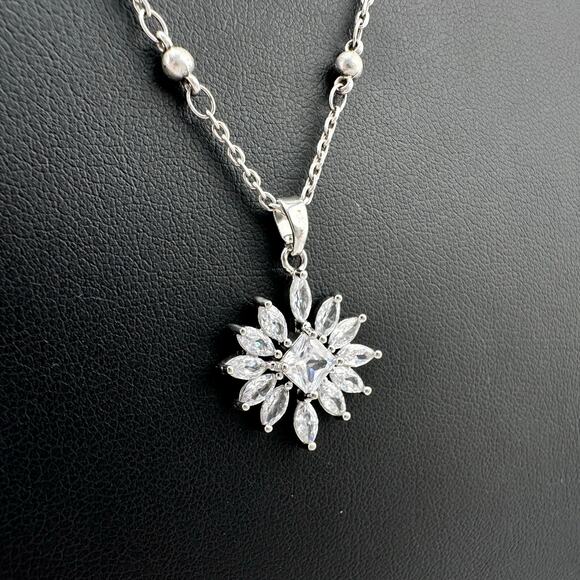 Cubic Zirconia Princess Marquise Flower Prong Set Silver Tone 18" Necklace - Picture 6 of 8